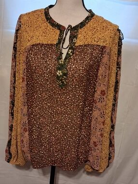 DR2 by Daniel Rainn XL Boho Patchwork Blouse - Anthro Style Mixed Print